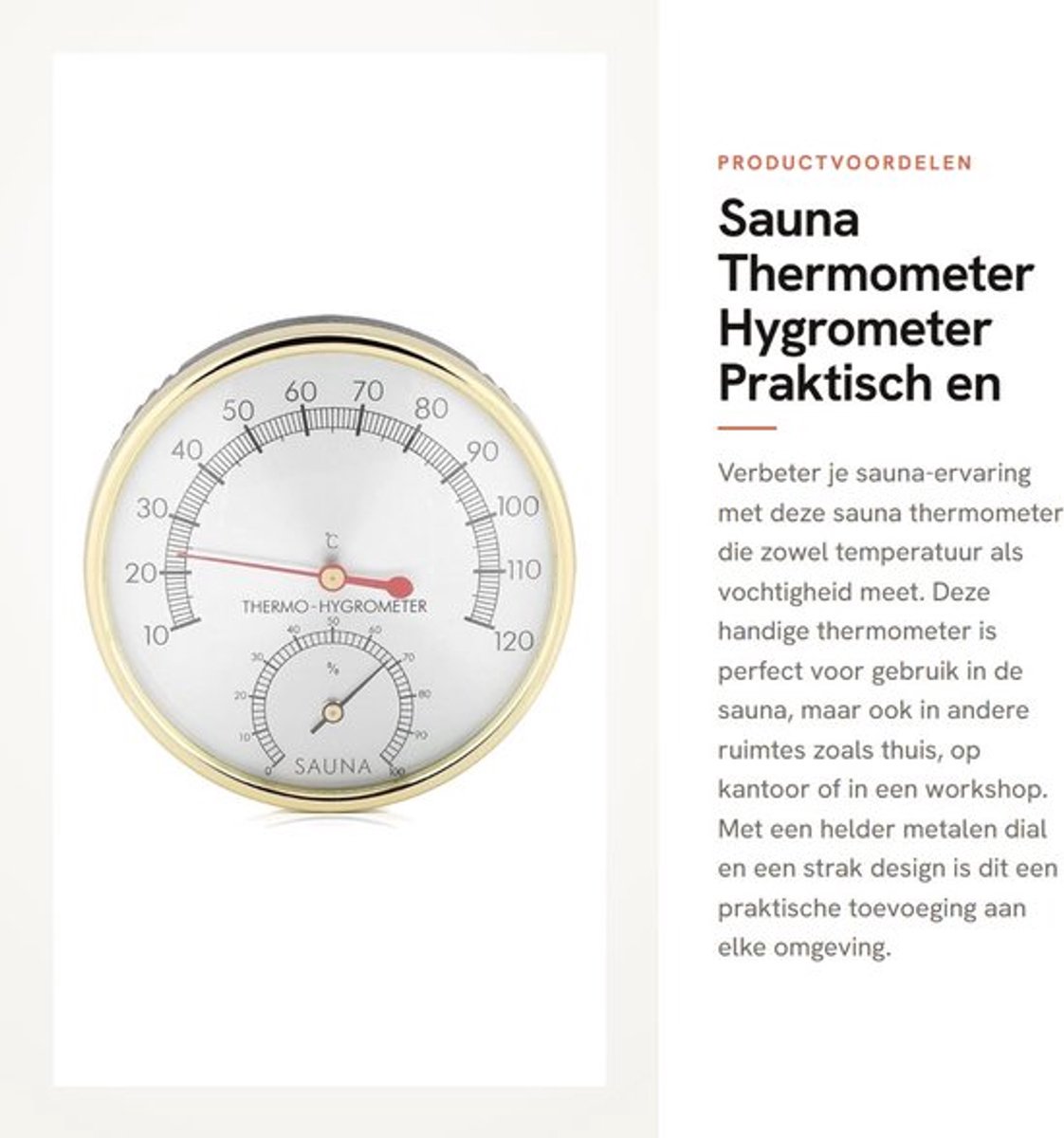 Sauna Thermometer - Hygrometer - Praktisch en Mooi Design - Metalen Dial - Temperatuur en Vochtigheid - Geschikt voor Thuis en Sauna - 10...