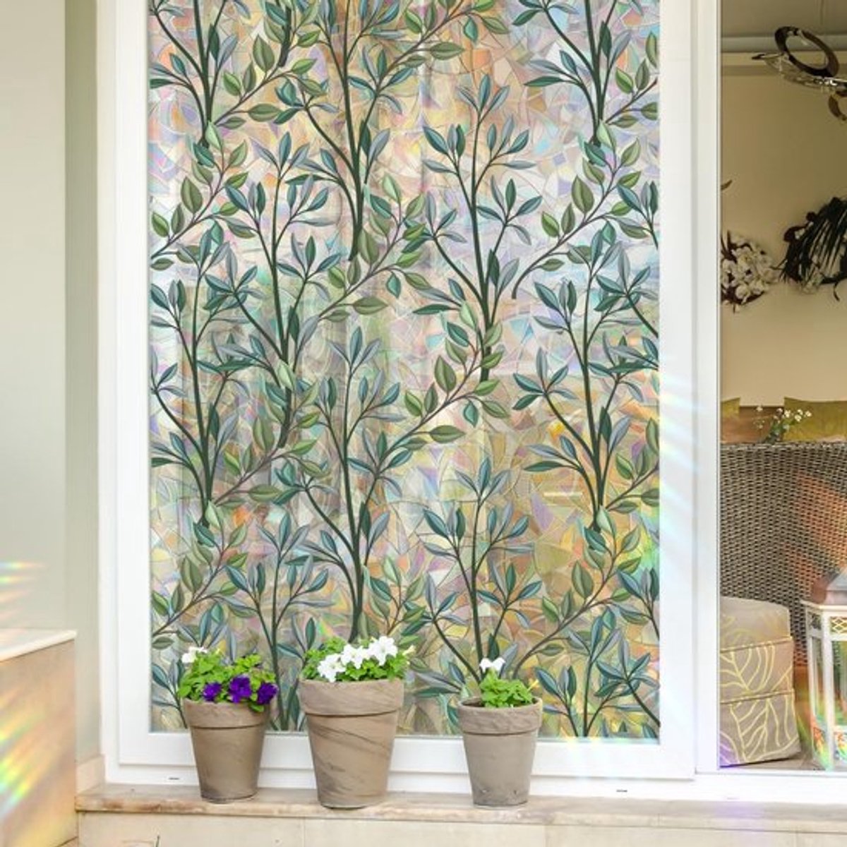 Raam Privacy Folie - Decoratieve Raamdecoratie - 3D Effect - Plantenbladeren - Vinyl Stick