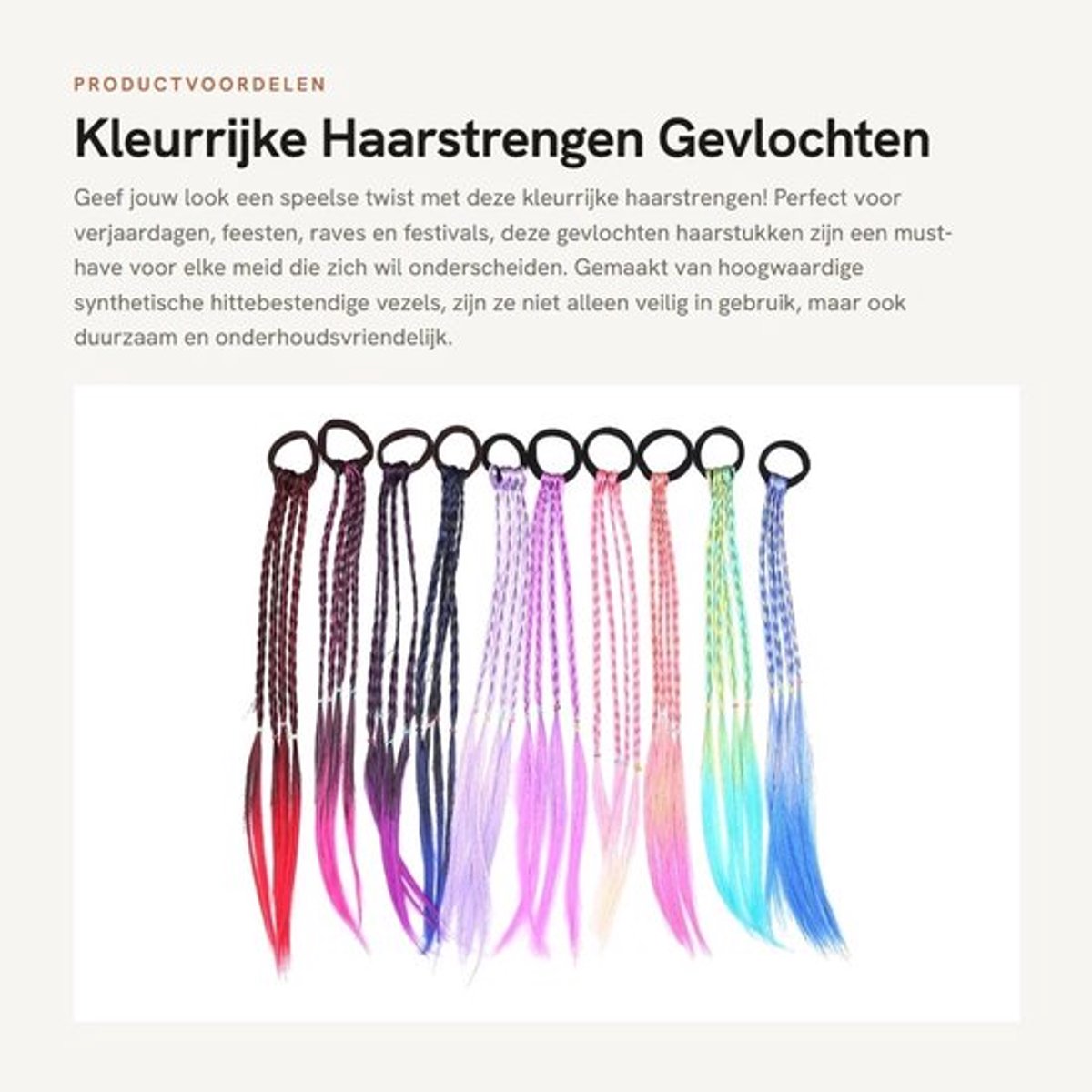 Haarstukken 10 Stuks - Kleurrijke Gevlochten Haarstrengen - Hittebestendig Synthetisch - Elastische Touwband - Ideaal voor Feesten - 45cm Lang - Haarextensies