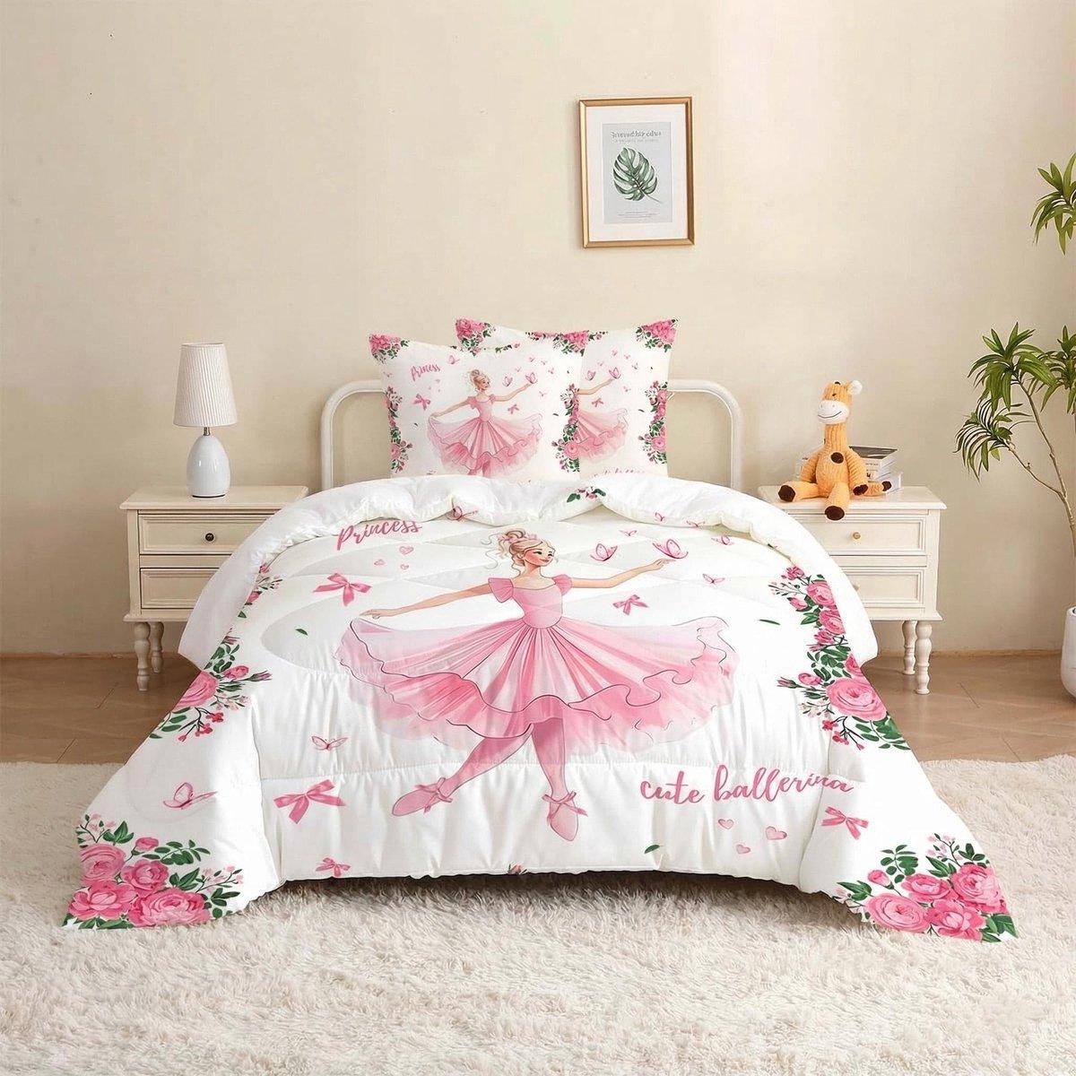 SnelShoppen - Zomerdekbed 140 x 200 cm voor Kinderen, Roze Ballet Design met Vlinderdas en Bloemen, 3D-print, Inclusief 2 Kussenslopen 65 x 65 cm, Lic