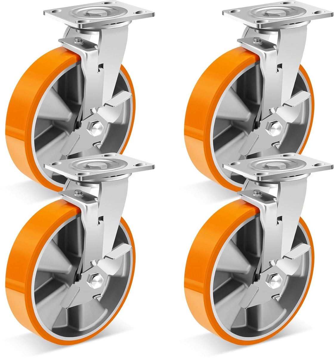 Zware 8-inch industriële wielen met zijrem, aluminium kern, 6000 lb laadvermogen, polyurethaan wielen, set van 4 voor zware toepassingen