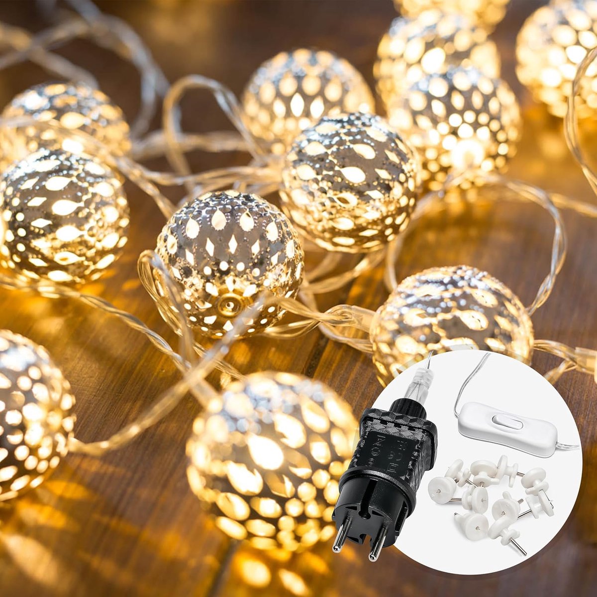 SnelShoppen - CozyHome Led-lichtketting 7 meter Marokkaanse stijl met stekker, 20 warmwitte leds, zilverkleurige Oriëntaalse bollen, decoratief voor f