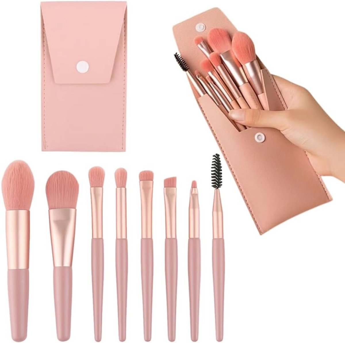 Professionele Make-up Kwasten Set met PU Leren Tas voor Foundation, Poeder, Concealer en Oogschaduw - 8 Stuks