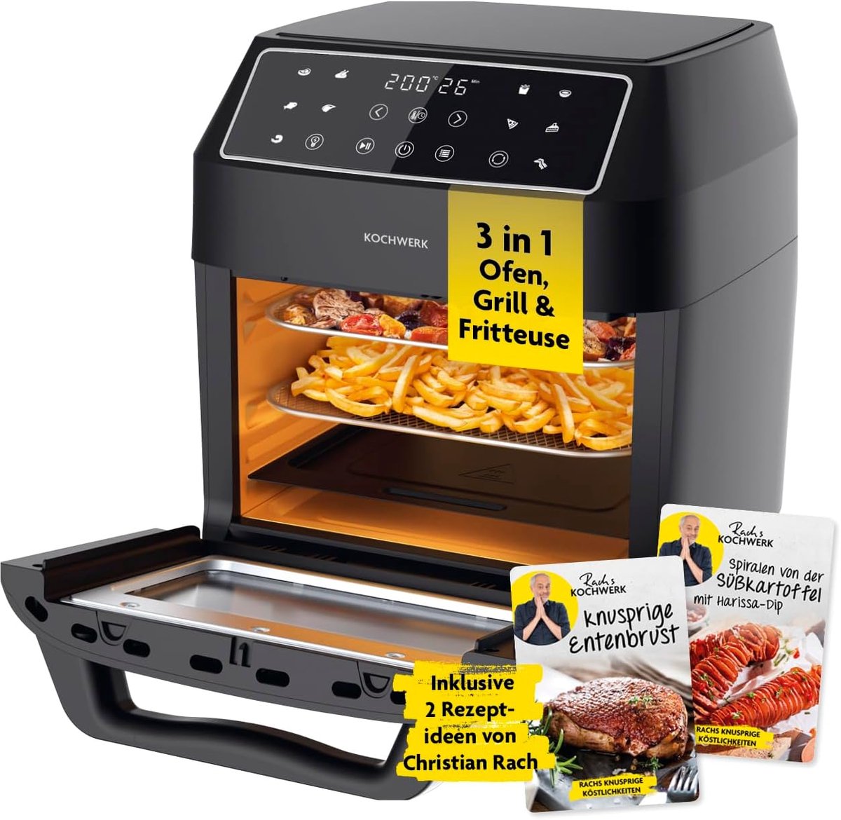 SnelShoppen - Digitale Heteluchtfriteuse 12L met XXL Accessoirepakket, Oven, Grill en Friteuse, Kijkvenster, Touchscreen, Airfryer zonder Olie, 10 Pro