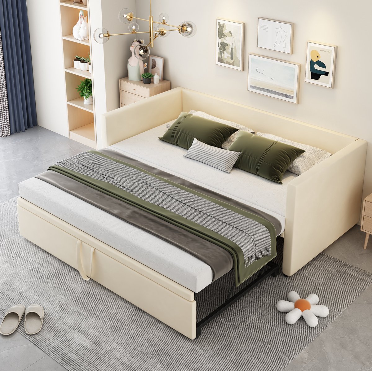 COVREO Bedframe 90x200 cm beige stof uitschuifbaar zonder matras