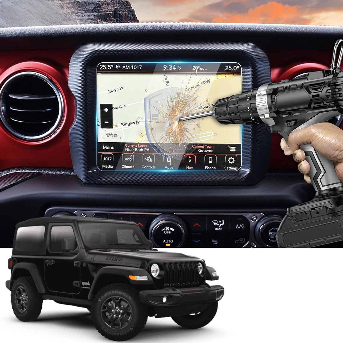 Navigatiescherm beschermfolie voor Jeep Wrangler JL - gehard glas, 9H krasbestendig, luchtbelvrije installatie, hoge resolutie en ultra-dun ontwerp