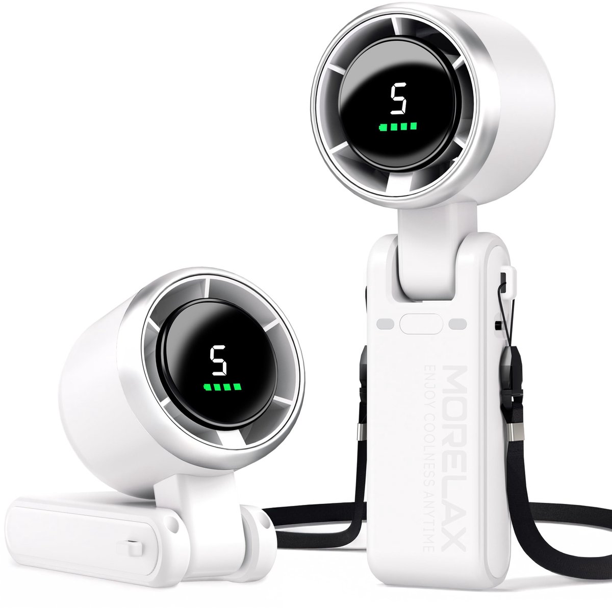 SnelShoppen - Draagbare Turbo-Handventilator met LED-Display, 5 Traps, 4000 mAh Accu, USB Oplaadbaar, 3-in-1 Hand/Bureau/Halsventilator, Wit voor Camp