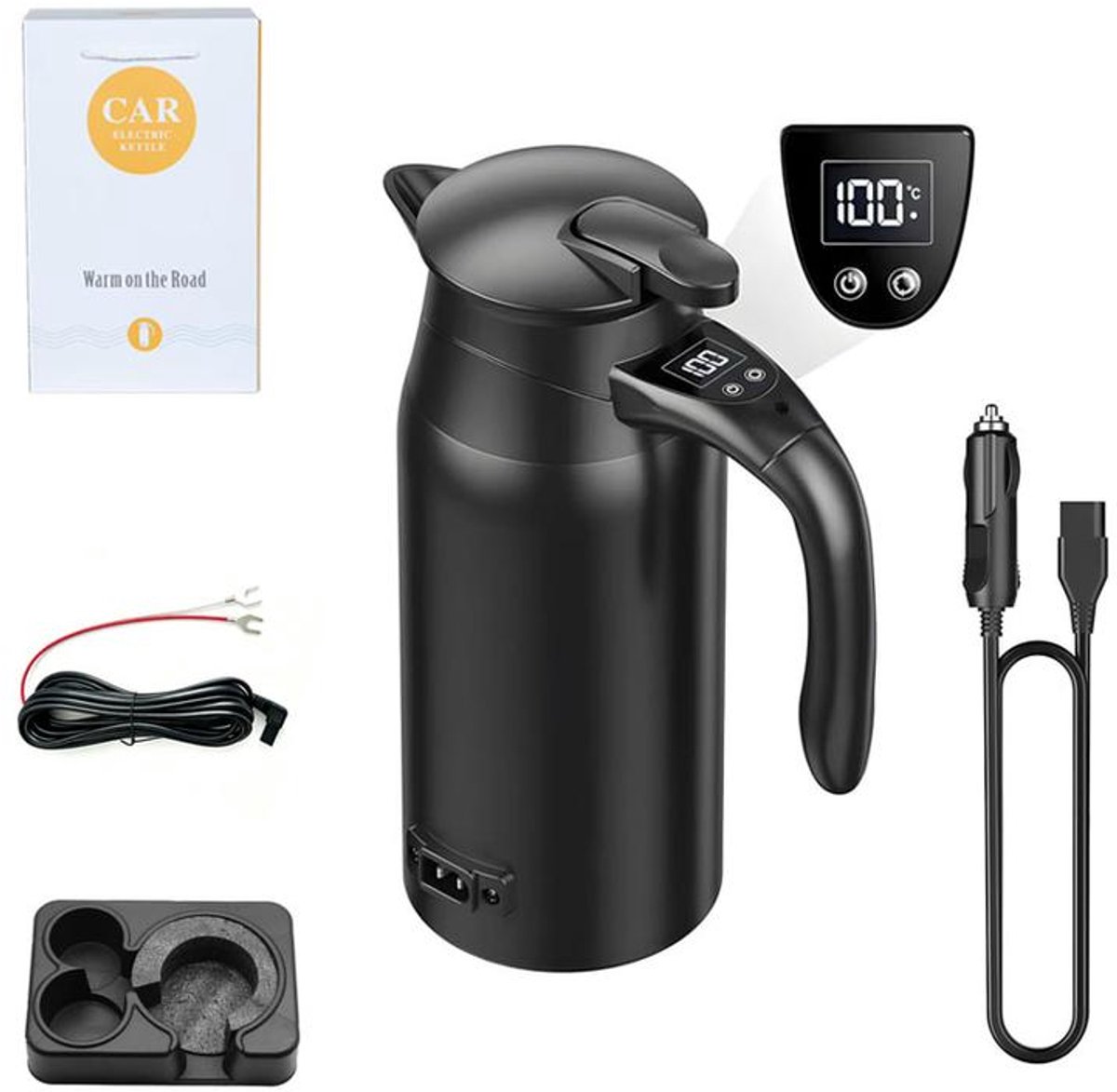 KZQ Elektrische waterkoker voor de auto – Draagbare multifunctionele waterkoker – 12V/24V – 800 ml – Dubbelwandige isolatie – Digitaal display – Basis – Voedingskabel voor de auto – Accukabel van 4 meter – Verbeterde versie