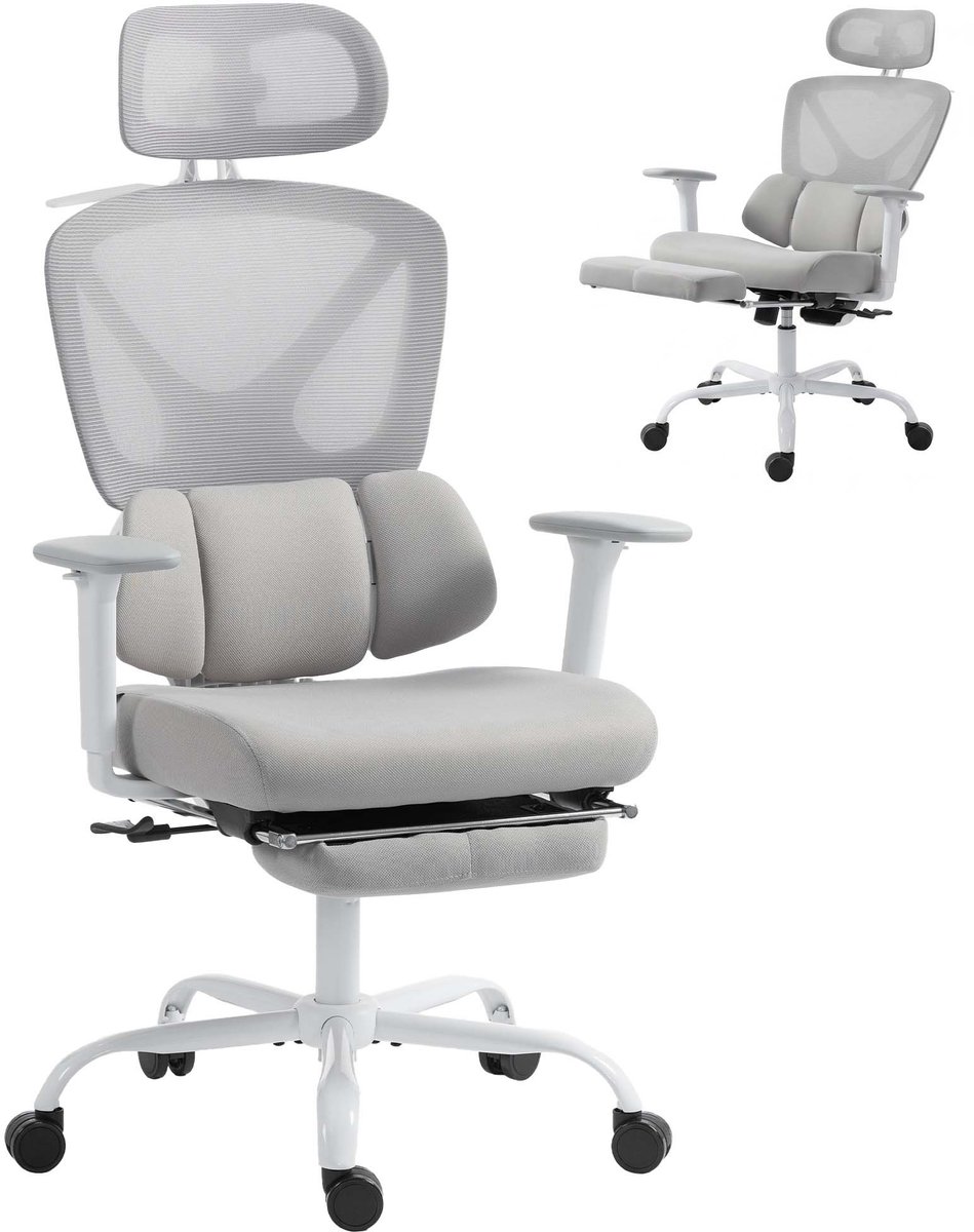 TEKROA® Ergonomische Bureaustoel met Dynamische Lendensteun - Kantoorstoel met Voetensteun - 3D Armleuningen - draagvermogen 120 kg- 73x75x120-128cm - Grijs