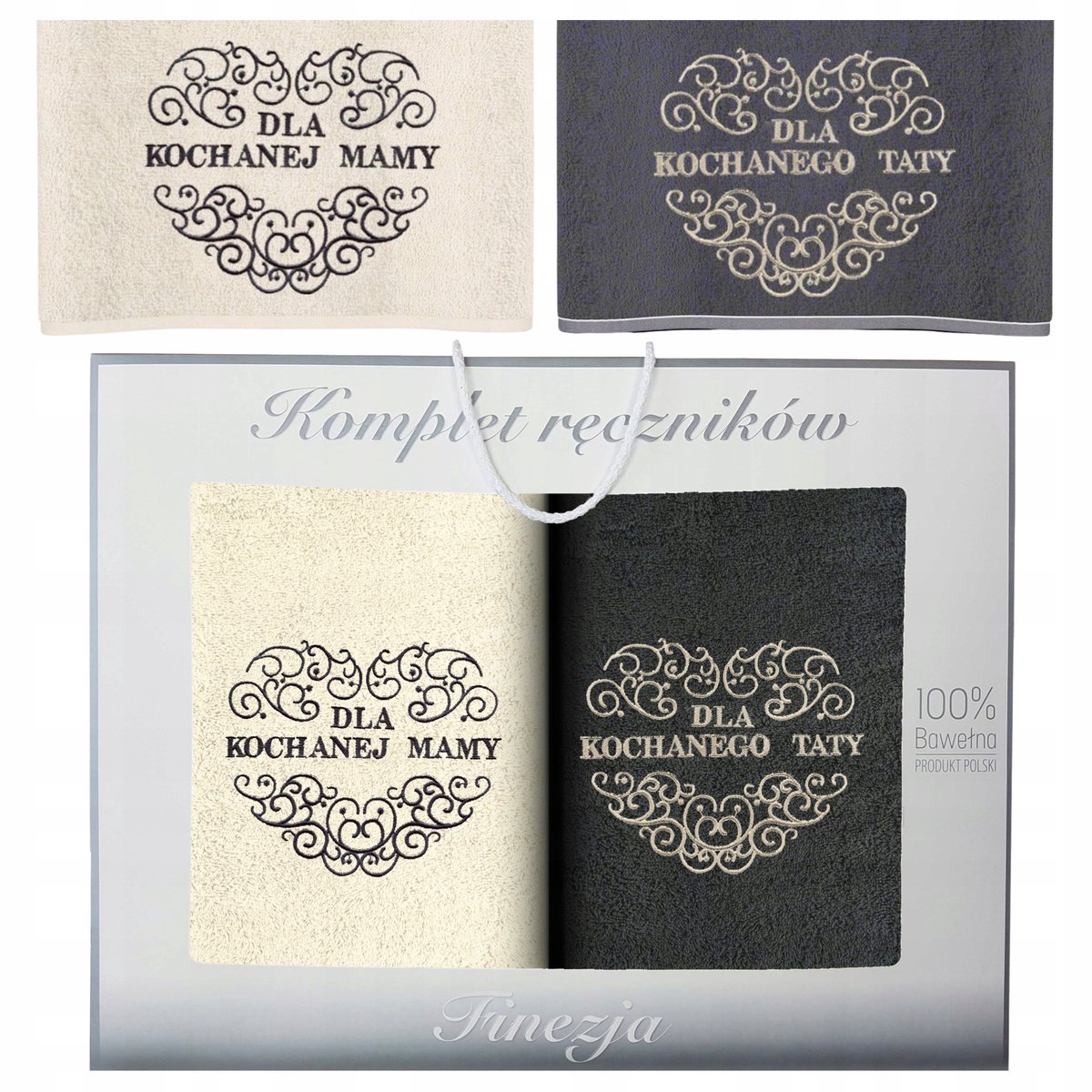 KONEY - Handdoekenset 2-delig - 2 x 50 x 90 cm - Grafiet, Ecru - met borduring Mama & Papa - in geschenkdoos
