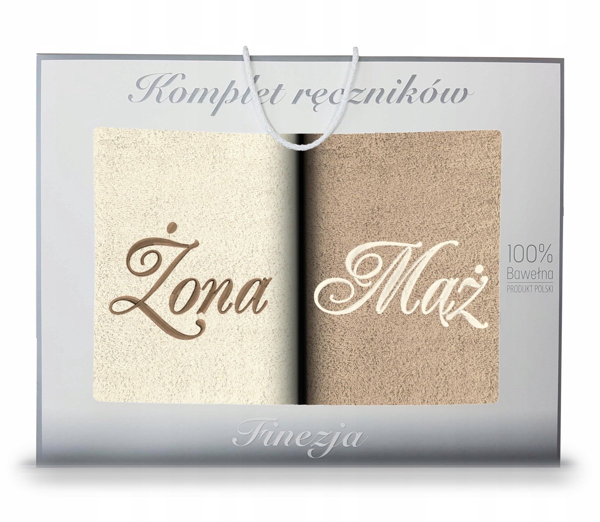 KONEY - Handdoekenset 2-delig - 2 x 70 x 140 cm - Ecru, Beige - met borduring Vrouw & Man - in geschenkdoos