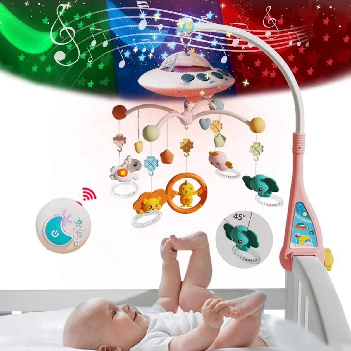 Babybedje mobiel met projector en nachtlampje, muzikaal roterend speelgoed met afstandsbediening en rustgevende slaapliedjes voor pasgeborenen