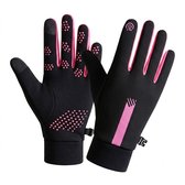 Zwarte sport handschoenen met roze streep en stippen, op de vingers en handpalm.