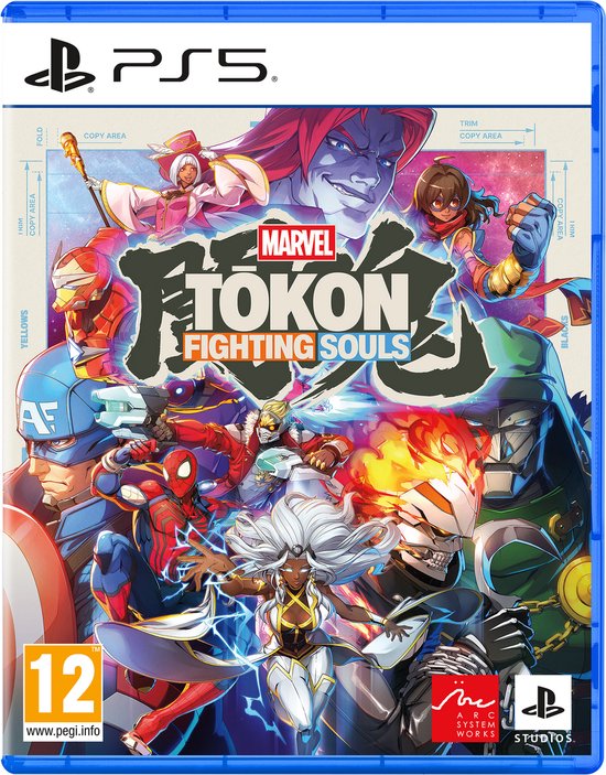 Couverture de jeu PS5 "Marvel Tōkon: Fighting Souls" avec de nombreux personnages Marvel, dont Spider-Man et Captain America, dans une pose d'action.