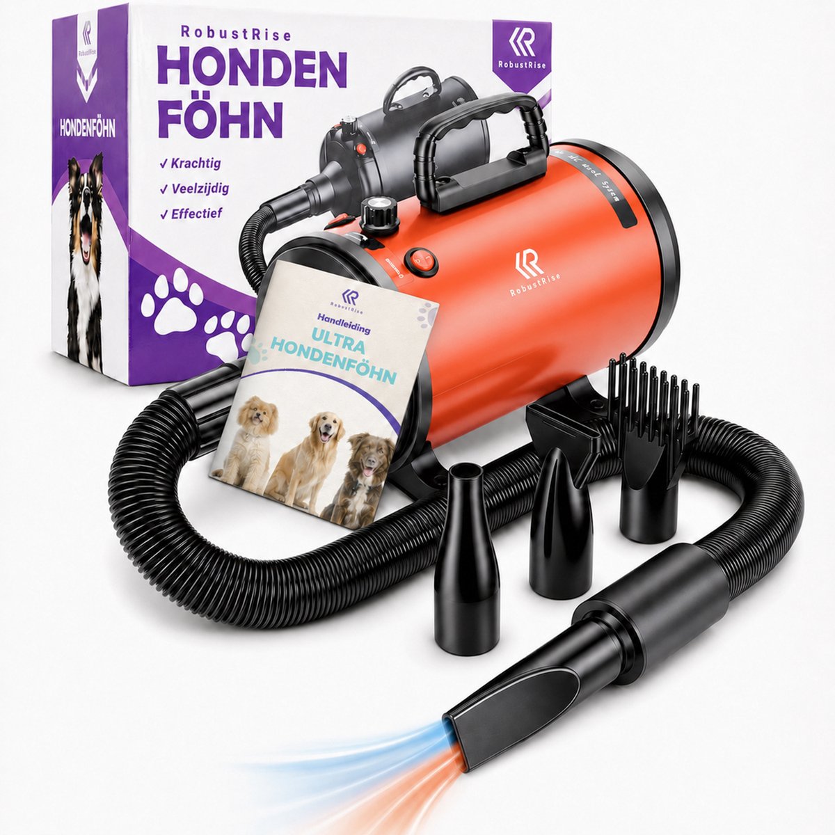 Bol.com RobustRise Ultra Hondenfohn - 3800W - Oranje - Verstelbaar Vermogen - Waterblazer voor Honden - Hondenfohn met 4 Opzetst... aanbieding