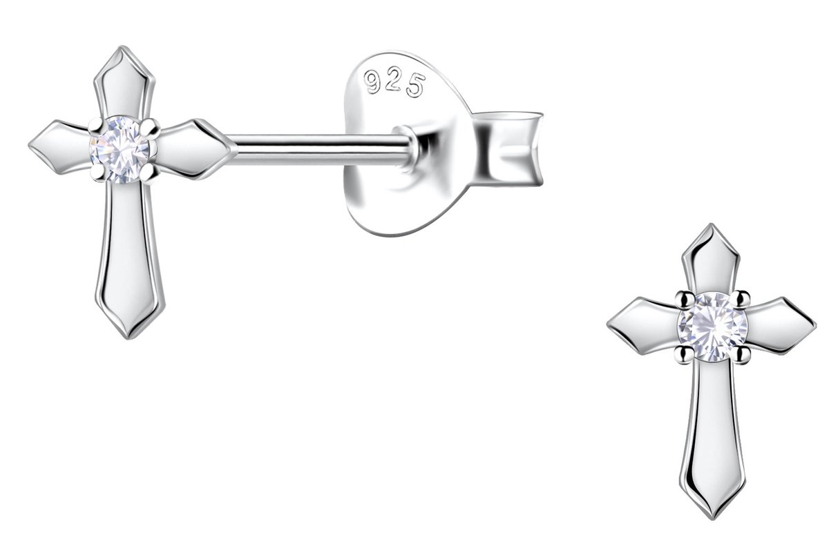 Joy|S - Zilveren petit kruisje oorbellen - 5 x 7 mm - massief - zirkonia - sterling zilver 925 - kruis oorknopjes