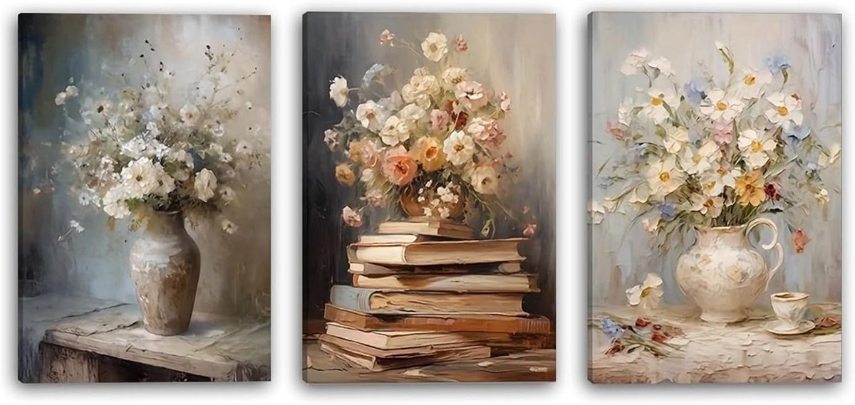 3-delige Vintage Bloemen Olieverf Schilderij Set voor Wanddecoratie in Woonkamer, Slaapkam