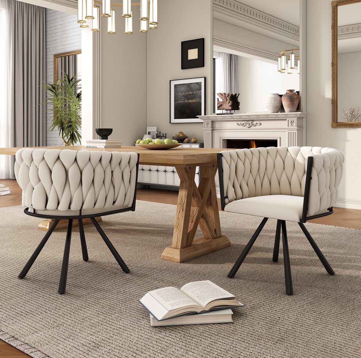 MEUNIQ set van 2 beige velvet eetkamerstoelen, 360° draaibaar, met armleuningen en metalen onderstel voor eetkamer of woonkamer