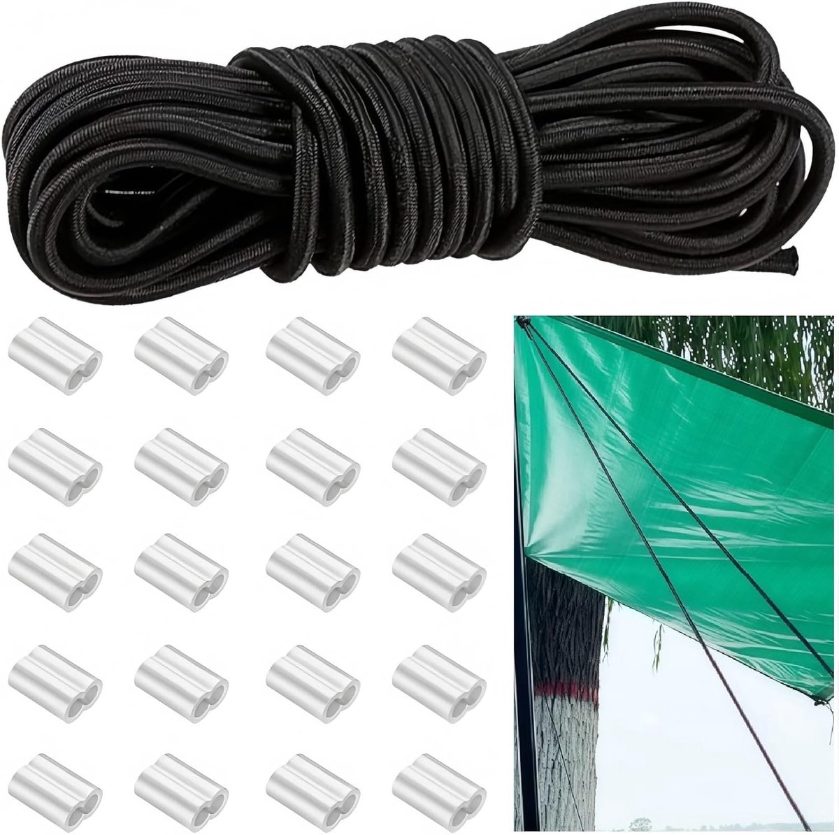 Ronde Rubber Koord 8 mm x 10 m, Elastische Tension Strap met 20 Aluminium Klemmen, Perfect voor Aanhangwagenzeilen en Tentgebruik