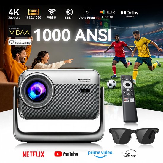 Blackview PV1000 Max + BV200 - Beamer + AI Slimme Zonnebril - 18000 Lumen 1080P FHD 4K Decodering Dolby Audio TOF Autofocus - 360° Gimbal VIDAA OS Thuis/Buiten Spelmodus Netflix Yo…