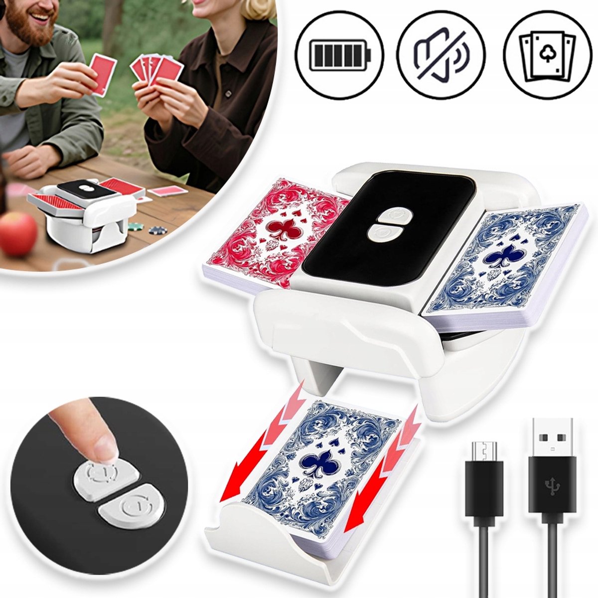 Elektrische Kaartenschudmachine Met 2000 mAh Batterij - 1-2 Decks 65 db Laag Geluidsniveau Automatische/Handmatige Modus - Voor Poker UNO En Bridge - Draagbaar - Wit