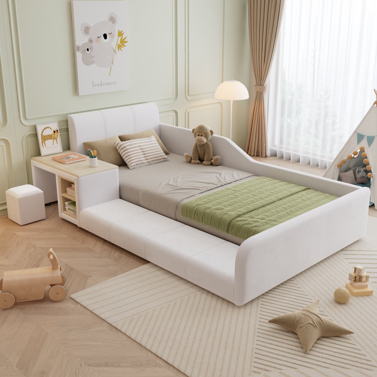 Sweiko Kinderbed – 90x200 cm – Met bureau + Krukje – Gestoffeerd hoofdbord – Fluweel – Wit