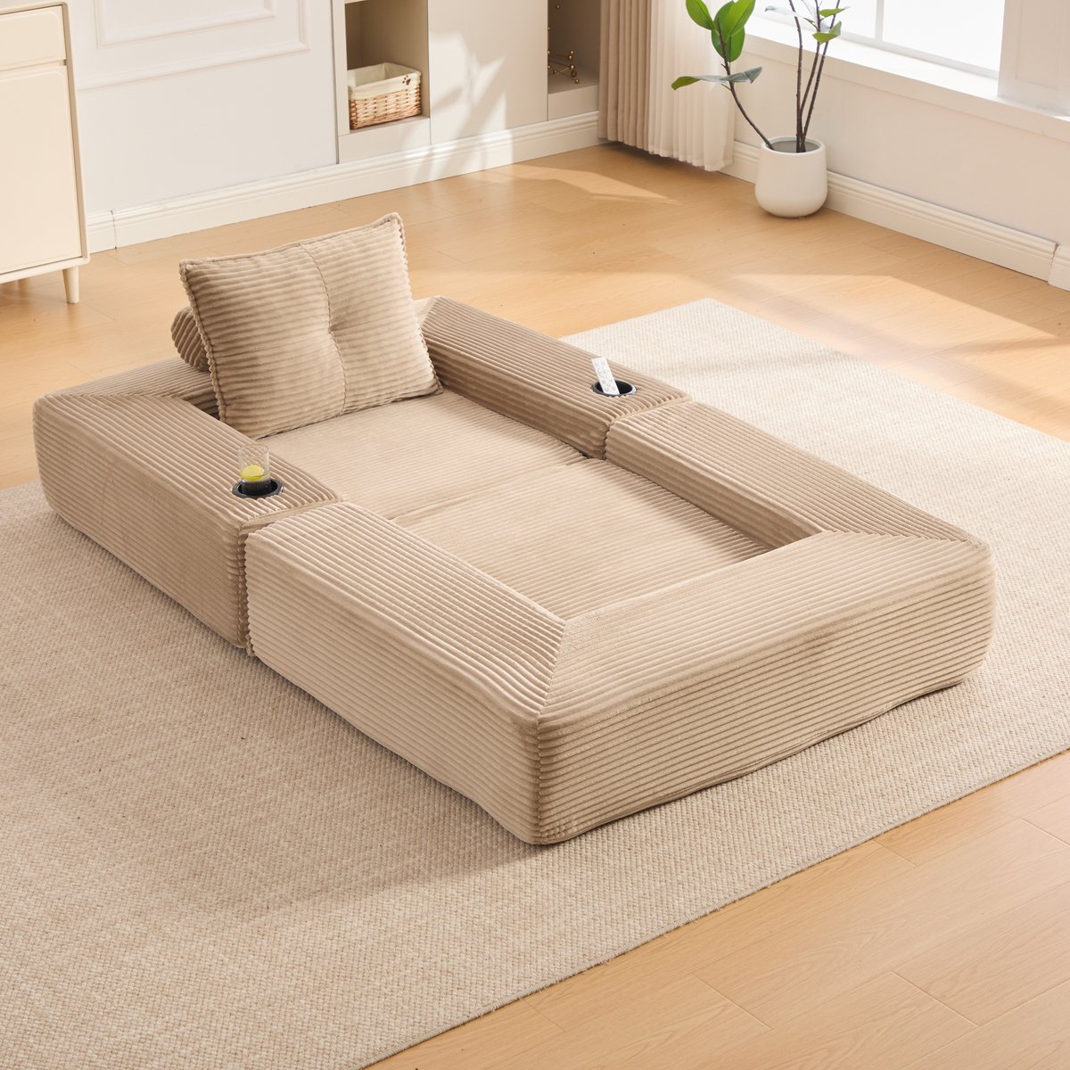 REDOM- Slaapbank - Opklapbaar naar ligfunctie - Zijvak en bekerhouder - Met armleuningen - Corduroy - Woonkamer en appartement - Khaki - 122 x 98 x 80 cm