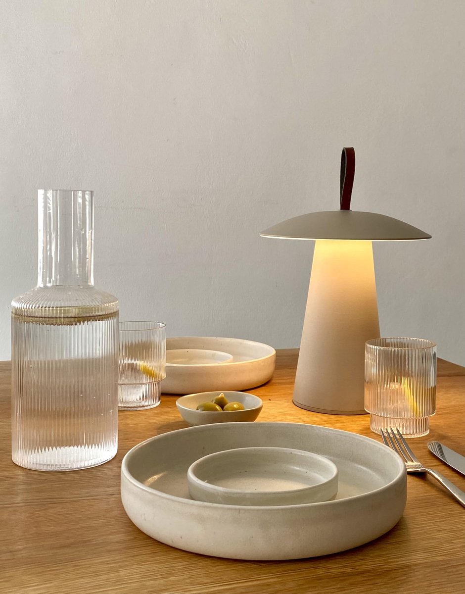 SnelShoppen - Accu LED Lamp Paddenstoelvorm Dimbaar Touch IP44 Outdoor Geschikt Beige met Leren Handvat voor Tuin Camping Feest