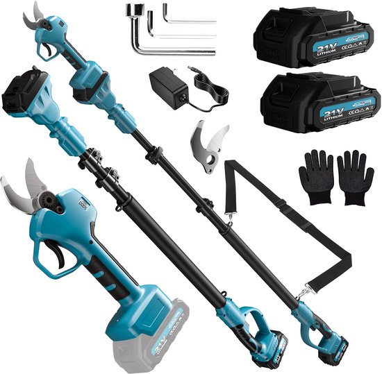 Ensemble complet de sécateur électrique avec manche télescopique, deux batteries 24V 3000mAh, chargeur, outils et gants.