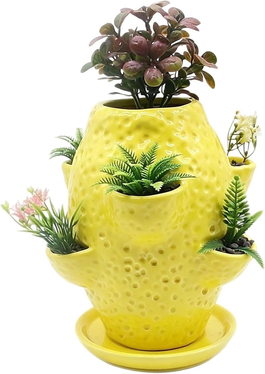 VHV - Aardbeienpot - Verticale tuin - Stapelbare bloempot - Plantenbak - Met onderschotel - Terracotta kleur - Voor balkon, terras en tuin - Binnen en buiten - 18.5*15.5*15.5CM - Citroen