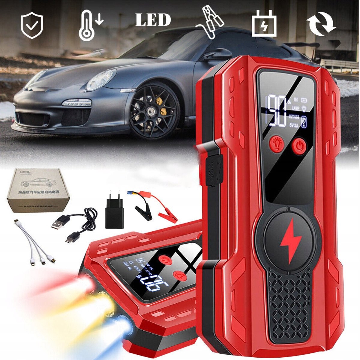 Jumpstarter voor Auto 12V - Powerbank - LED Noodlicht - 1000A - 9 Veiligheden - Digitaal Scherm - Startbooster - Voor Pech en Reizen