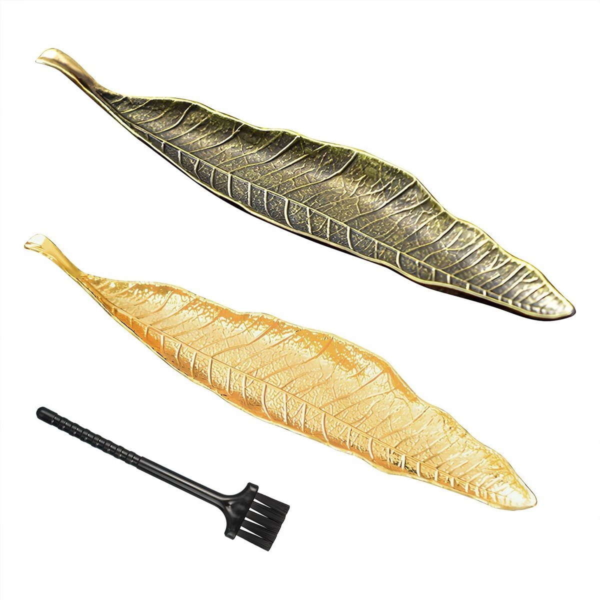 Set van 2 Bronzen Houders voor Wierookstokken met Bladmotief - Inclusief Mini Bezem voor T