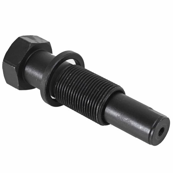 Zwarte kettingspanner met schroefdraad, een ring en een zeskantkop.