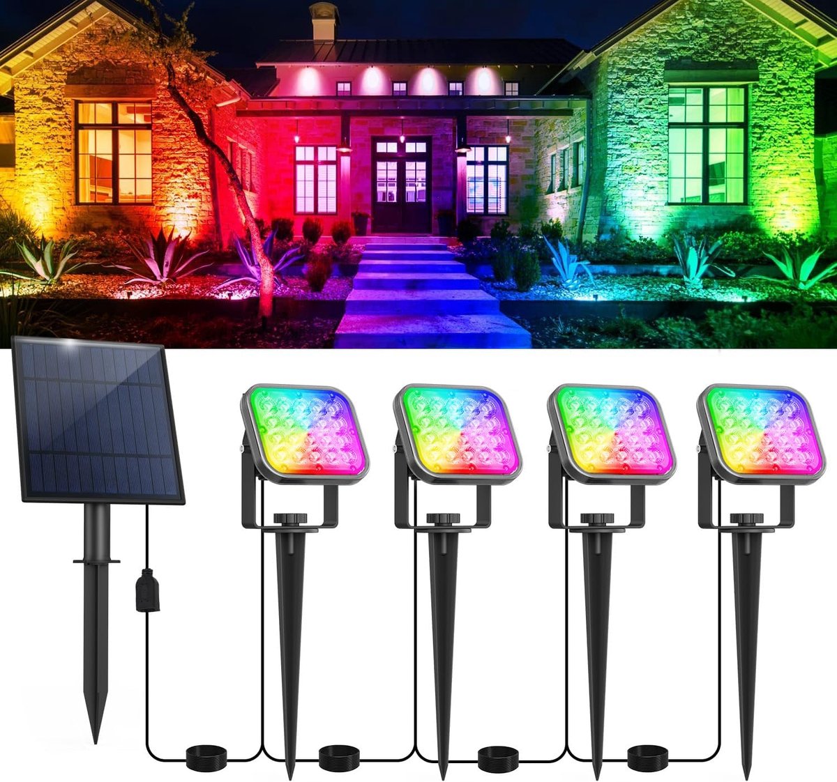 Buitenspot op zonne-energie, 4-in-1 zonnelamp, RGB, auto aan/uit, 2 modi, waterdicht, IP65, zonnelamp voor buiten, met grondpen voor tuin, binnenplaats, oprit, veranda [Energieklasse A]