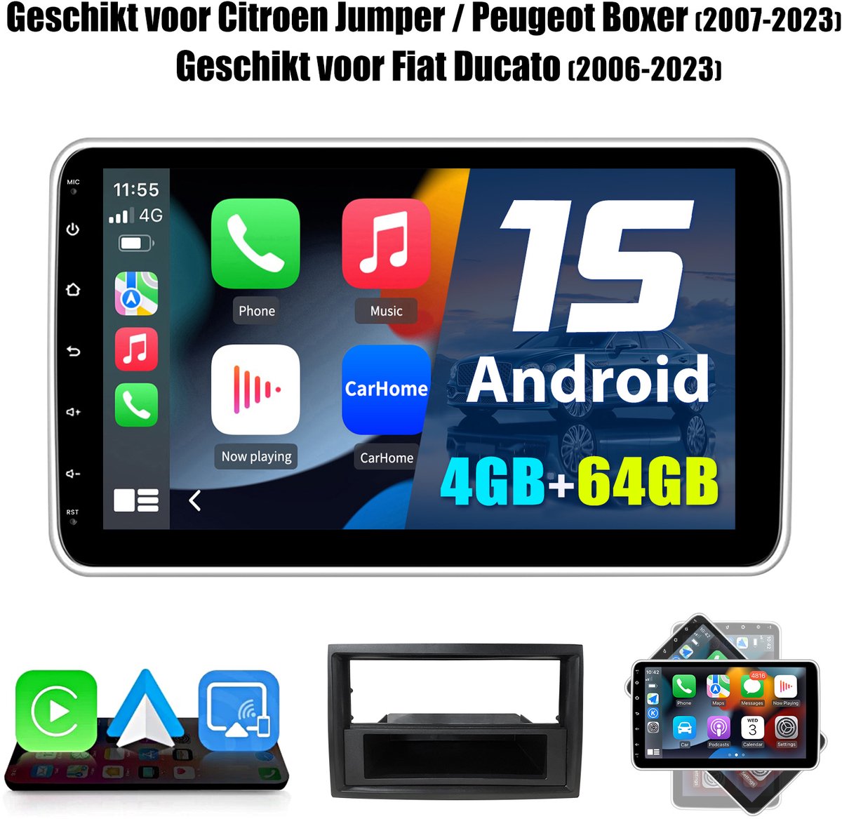 Cestovet Autoradio - Geschikt voor Fiat Ducato, Peugeot Boxer, Citroen Jumper 2006-2024 - 4+64GB met Carplay en Android auto - Radio scherm met Navigatie