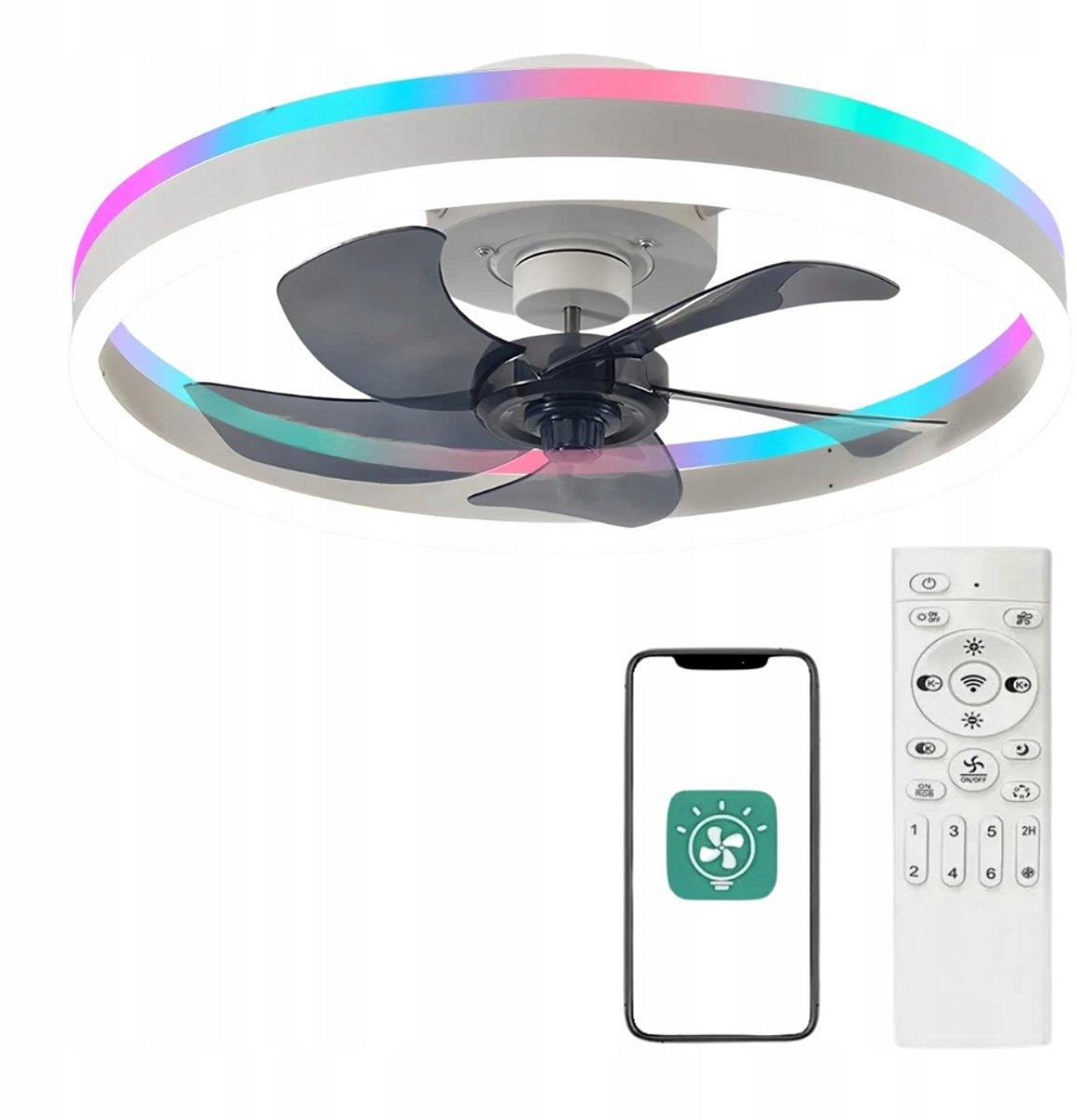 MiShar Plafond Ventilator Lamp - 51 CM - Smart Lamp - 6 Standen - 1 grote led strook - Dimbaar - Wit - Kroonluchter LED Ventilator - Chandelier Fan - Woonkamer Lamp - Ventilator Lampen - Slaapkamer lamp - Eetkamerlamp
