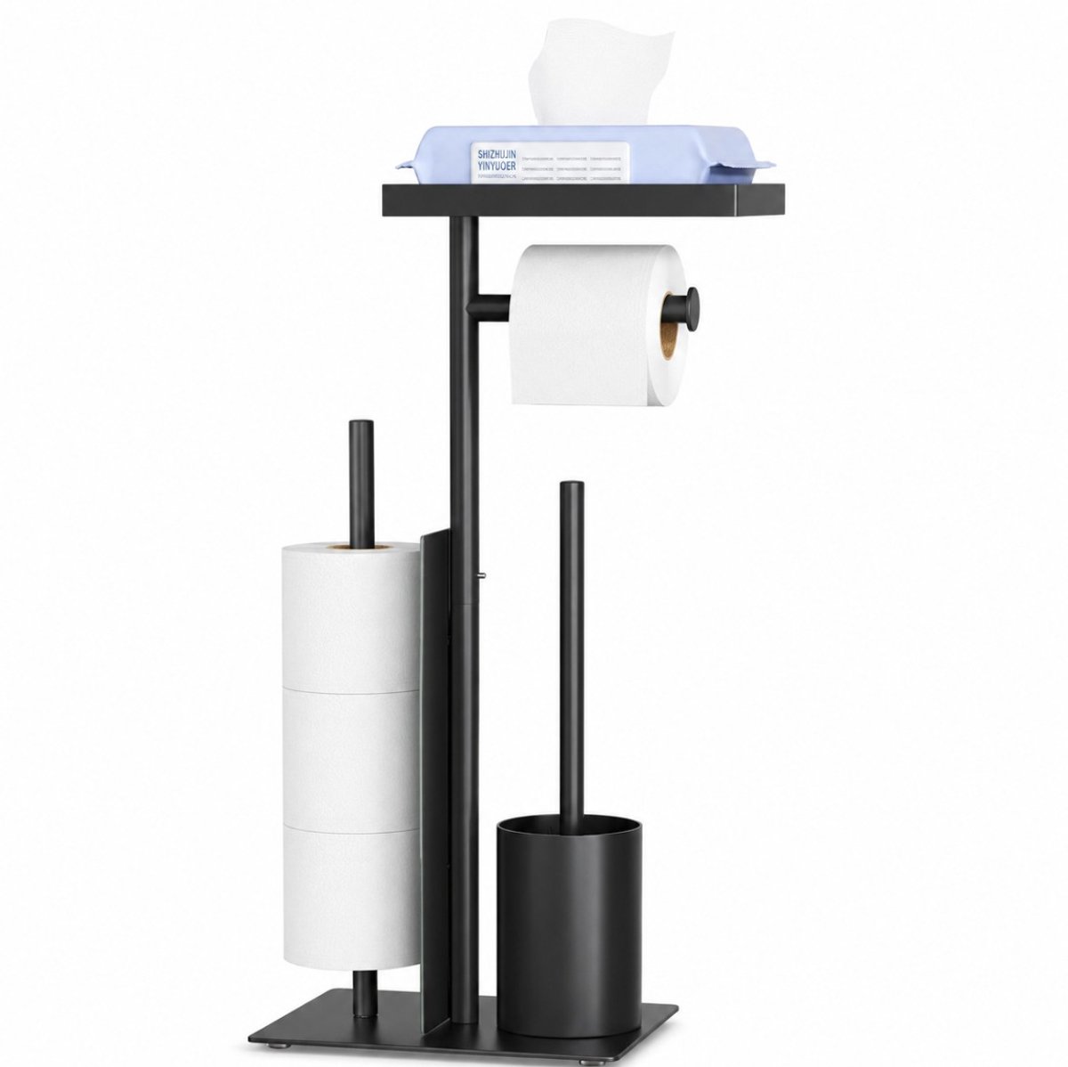 BSS® Toiletbutler Zwart Mat – RVS Toiletset met Wc-borstel, Toiletpapierhouder en Vochtige Doekjesbox – Staand met Glazen Plank