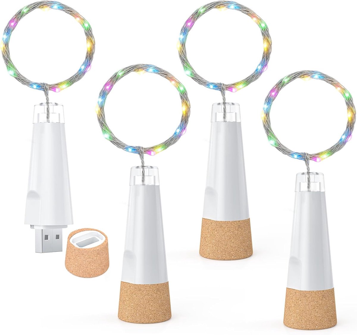 SnelShoppen - Flessenlicht met 20 LED Fairy Lights - Batterij Oplaadbaar & USB - Multi-Colour - 4 Pack voor Kerstdecoratie, Feest, Tuin, Camping