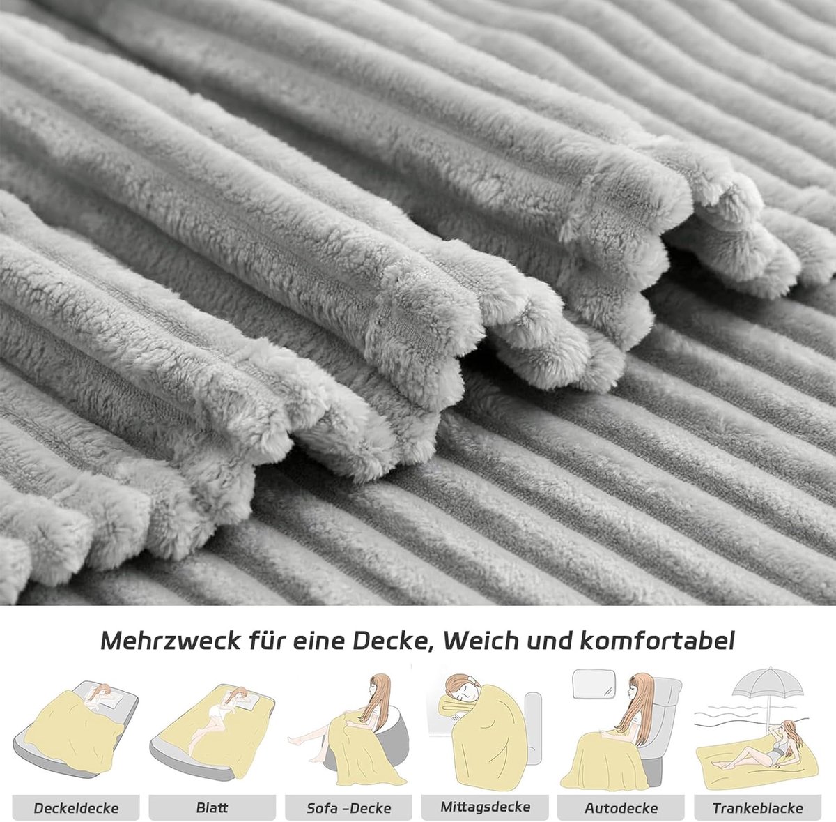 SnelShoppen - QOFLY Knuffeldeken Flanel 200 x 230 cm - Grijze Fleece Deken als Woondeken, Bankovertrek of Sprei - Hoogwaardige, Wollige Deken in Gesch