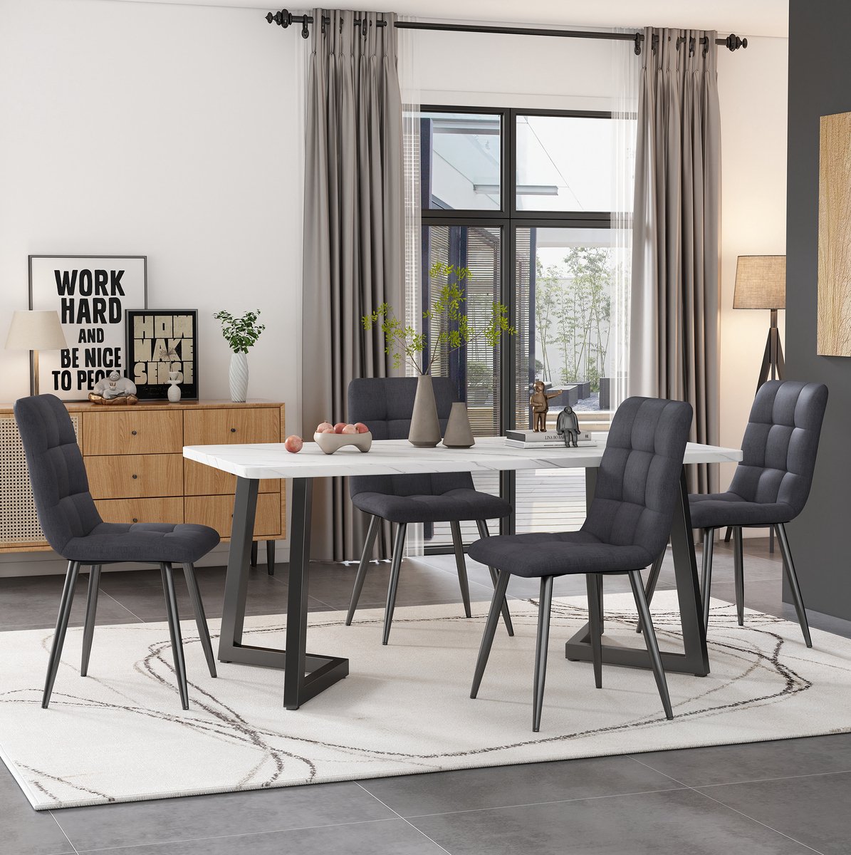 MEUNIQ Eettafel met 4 stoelen 117 x 68 cm rechthoekige eettafelset voor eetkamer of keuken, grijze stoelen, zwart metalen poten, moderne set tafel en stoelen