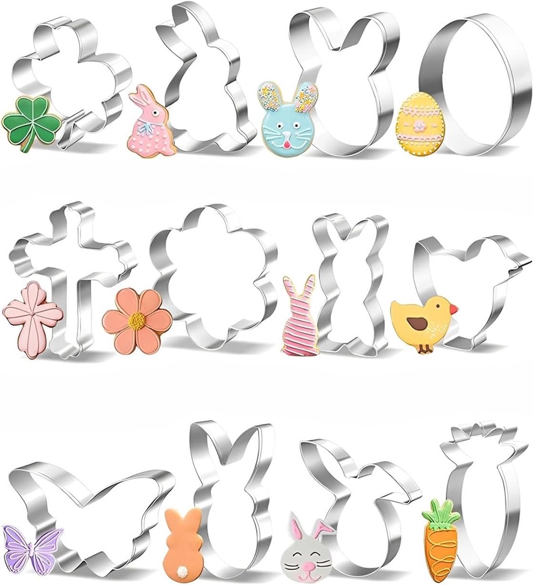 Set van 12 Uitsteekvormen voor Pasen - Hasen, Eieren, Bloemen, Vlinders en Kuikens voor Bakken en Decoratie