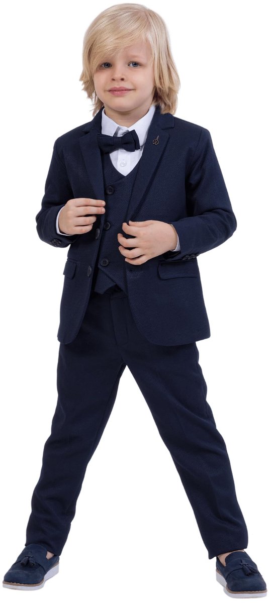SnelShoppen - Pak voor jongens | 5-delige set met overhemd, broek, vest, jas en vlinderdas | Feestkledij voor jongens 1-13 jaar | Donkerblauw, maat 12