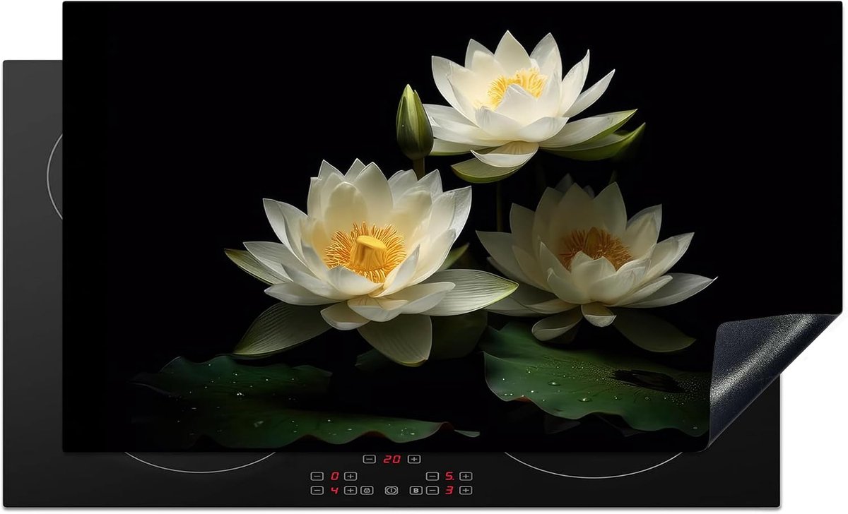 SnelShoppen - Inductie Beschermmat 90x52cm - Keuken Decoratie - Antislip Hoofdkookplaat Bescherming - Lotus Bloemen - Wit - Natuur - Zwart