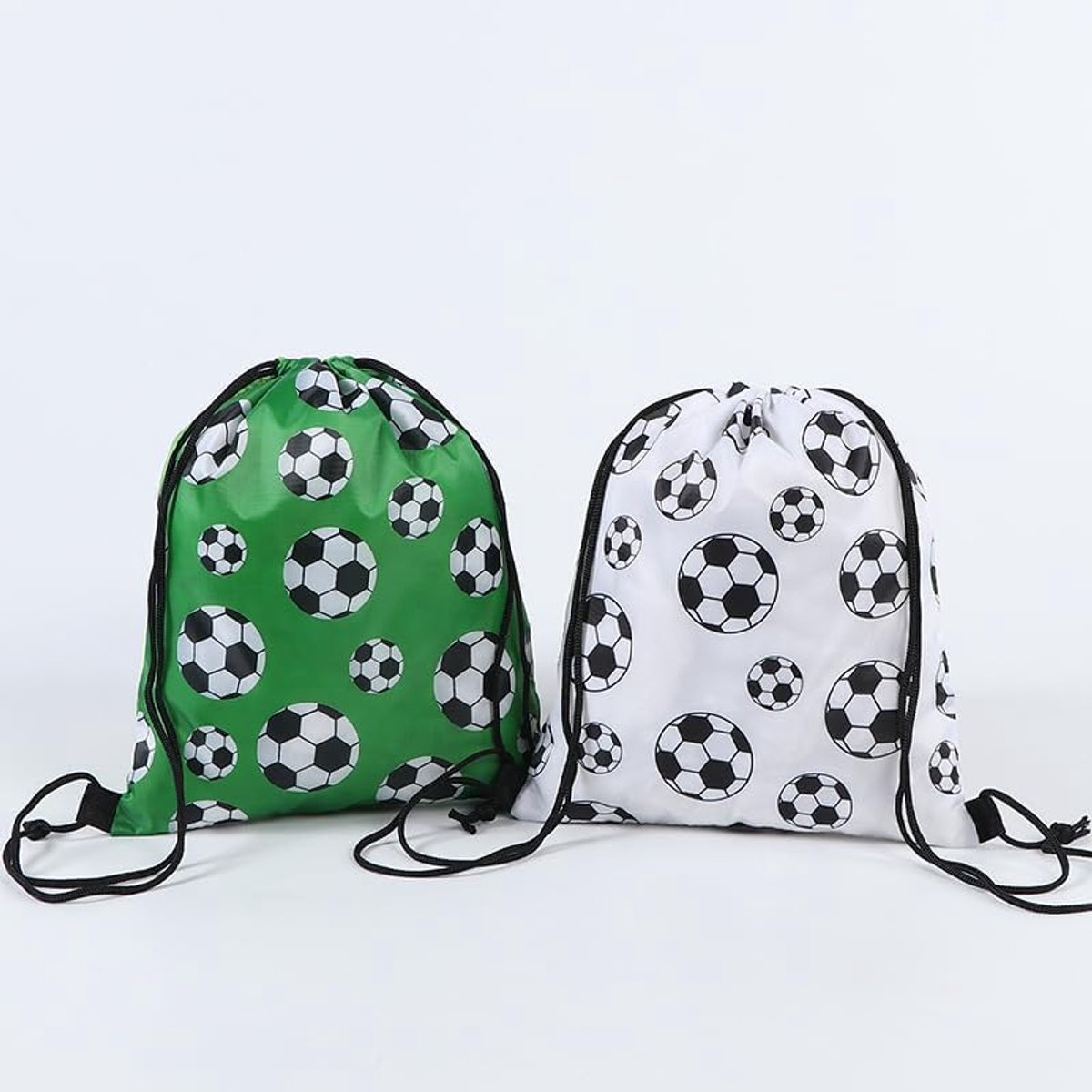 SnelShoppen - Voetbaltassen met Trekkoord 2 Stuks, Lichte Sporttassen van Polyester 25 x 30 cm, Wit en Groen, Ideaal voor Sportschool, Strand en Reize