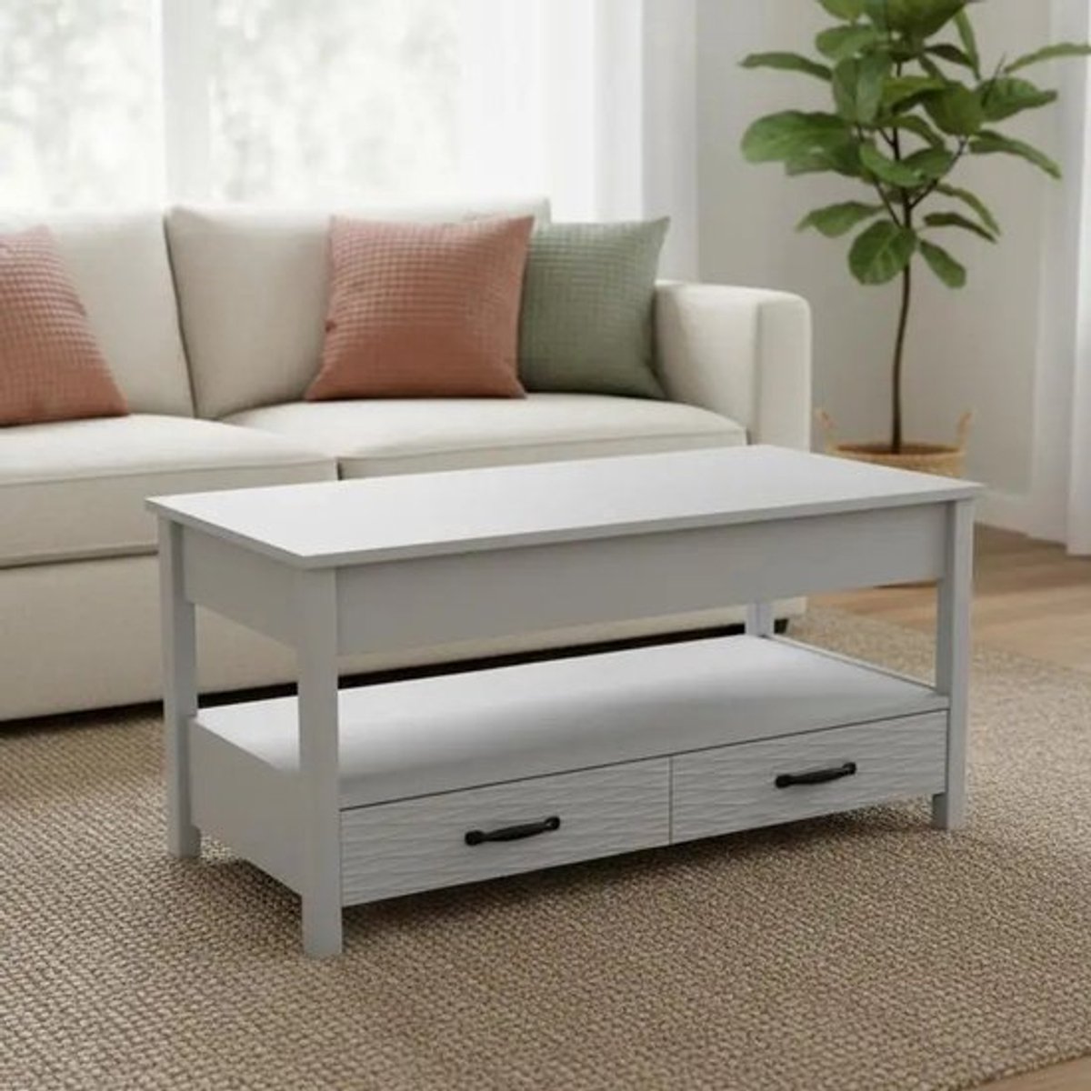 In hoogte verstelbare salontafel met opklapbaar blad en 2 laden. Salontafel, bijzettafel.