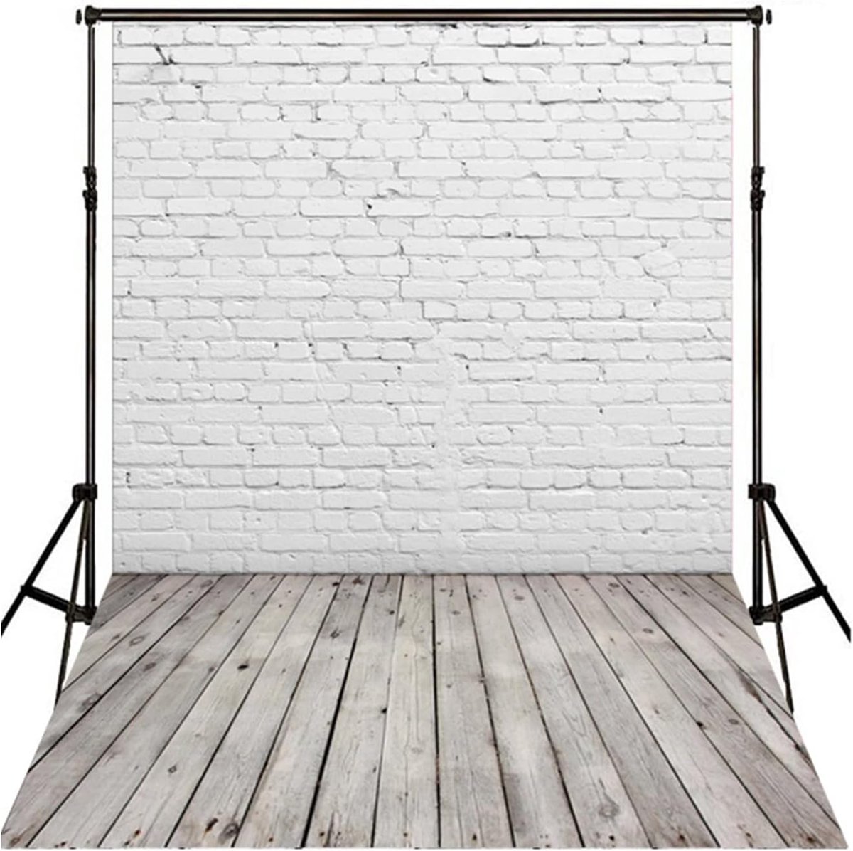SnelShoppen - Fotografie Achtergrond Wit Baksteen Muur met Houten Vloer - 1.6x2.3yd Fotostudio Achtergrond Doek voor Feest, Bruiloft, Kinderen en Prod