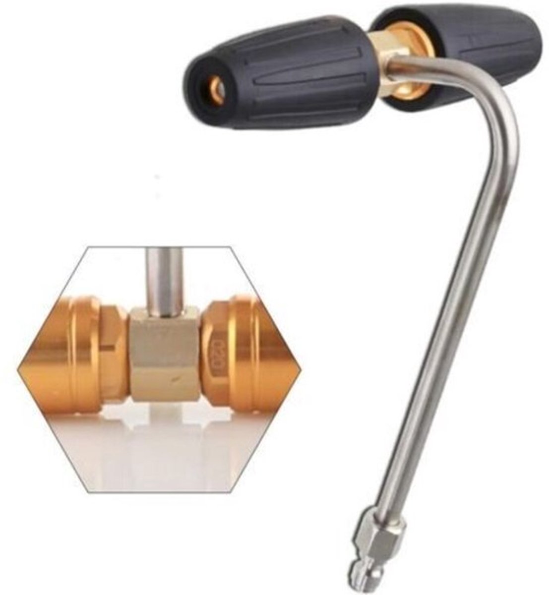 Deze hogedruk rioolreinigingsset is geschikt voorzien van een 6,35 mm snelkoppeling en twee roterende turbinesproeiers, geschikt voor de meeste verlengstangen en telescopische stelen van hogedrukreinigers, evenals handgrepen.