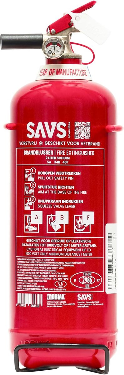 Thijox - Brandblusser Vetblusser schuim 2 liter - Vorstvrij - 5A 34B 40F - Inclusief montagebeugel - Schuimblusser voor keuken, camping en tuin