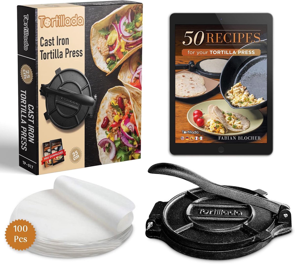 SnelShoppen - Tortillapers 25 cm - Inclusief E-Book en Bakpapier - Perfect voor Feesten, Camping en Keuken - Maak Zelf Tortilla's en Wraps