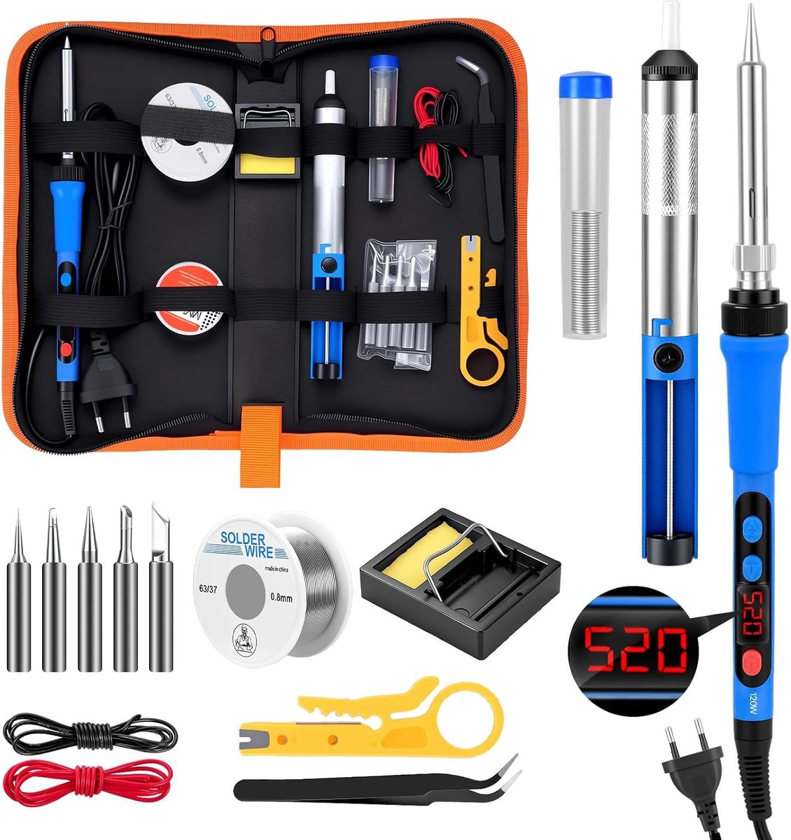 Professionele 120W soldeerbout set met digitaal LCD-display, regelbare temperatuur 180-520°C, snel opwarmend keramisch verwarmingselement, 15-in-1 soldeerset met soldeerpunten, desoldeerpomp en soldeertin voor precisiewerk en hobbyprojecten